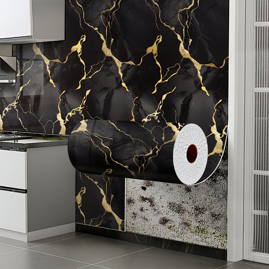 3D Marmor-Effekt Tapetenpaneele - Selbstklebende Peel-and-Stick-Tapetenfliesen, Verdickte Vinyl-Marmor-Look-Tapete mit schwarzen & goldenen Adern, Leicht zu reinigen & installieren, für Badezimmer, Küche, Wohnzimmer, Schlafzimmer - Moderne Luxus-Heimdekor